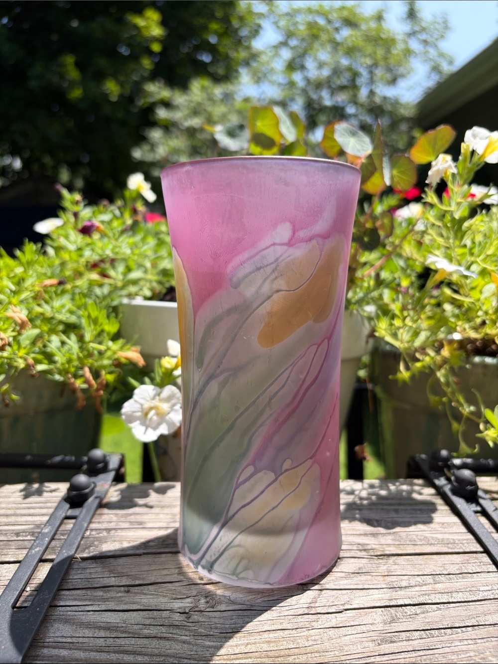 Hand-blown, Hand-painted by Reuven floral vase. Rare find